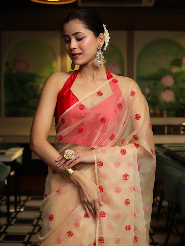 Banarasee Organza Mix Saree With Embroidered Buta & Applique Work Pallu-Light Yellow