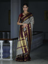 Banarasee Handloom Semi Silk Saree With Checks Design & Contrast Border-Grey & Burgundy