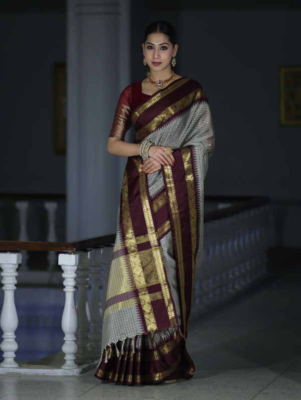 Banarasee Handloom Semi Silk Saree With Checks Design & Contrast Border-Grey & Burgundy