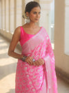 Banarasee Pure Chiffon Saree With Silver Zari Work-Neon Pink