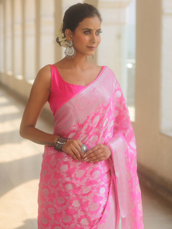 Banarasee Pure Chiffon Saree With Silver Zari Work-Neon Pink