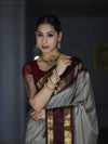 Banarasee Handloom Semi Silk Saree With Checks Design & Contrast Border-Grey & Burgundy
