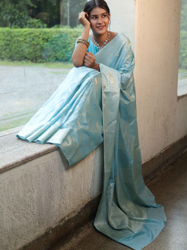 Banarasee Handwoven Semi Silk Saree With Silver Zari Jaal Design-Light Blue
