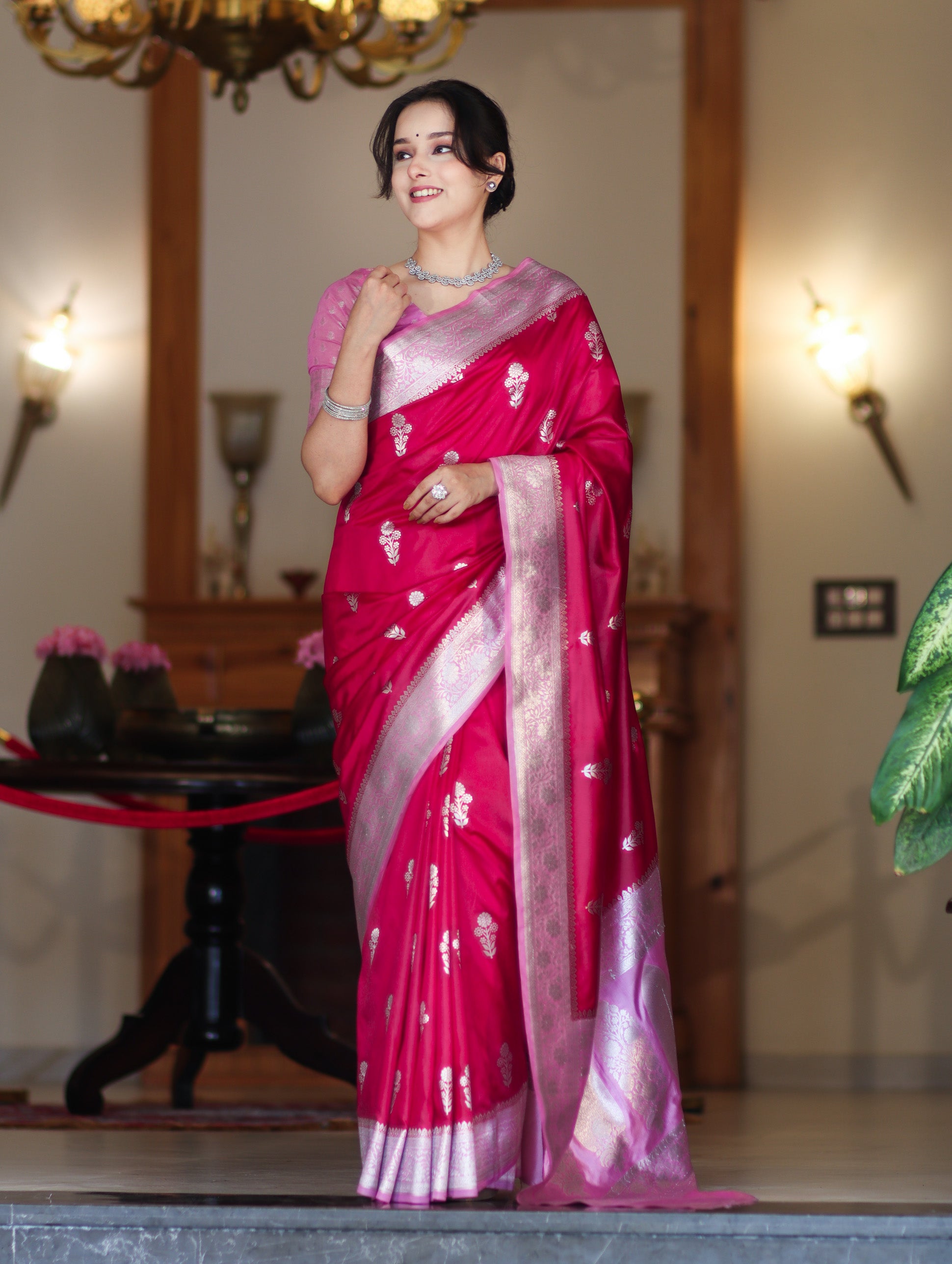 Banarasee Handloom Soft Silk Saree With Zari Buta Work & Contrast Border-Pink