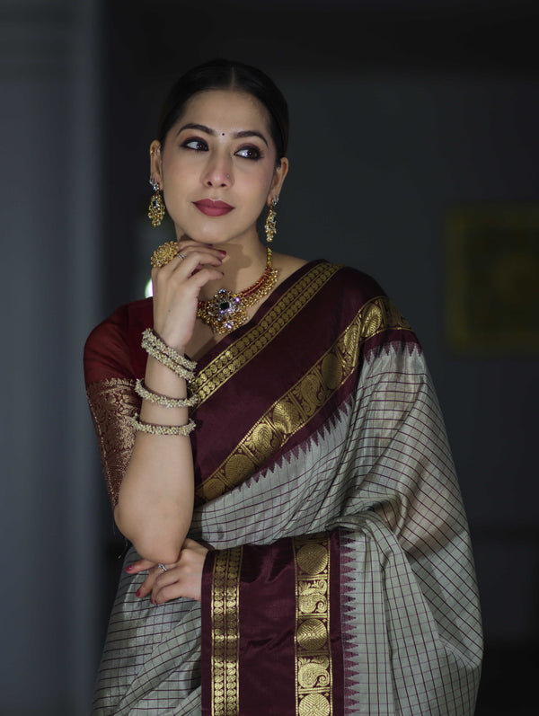 Banarasee Handloom Semi Silk Saree With Checks Design & Contrast Border-Grey & Burgundy