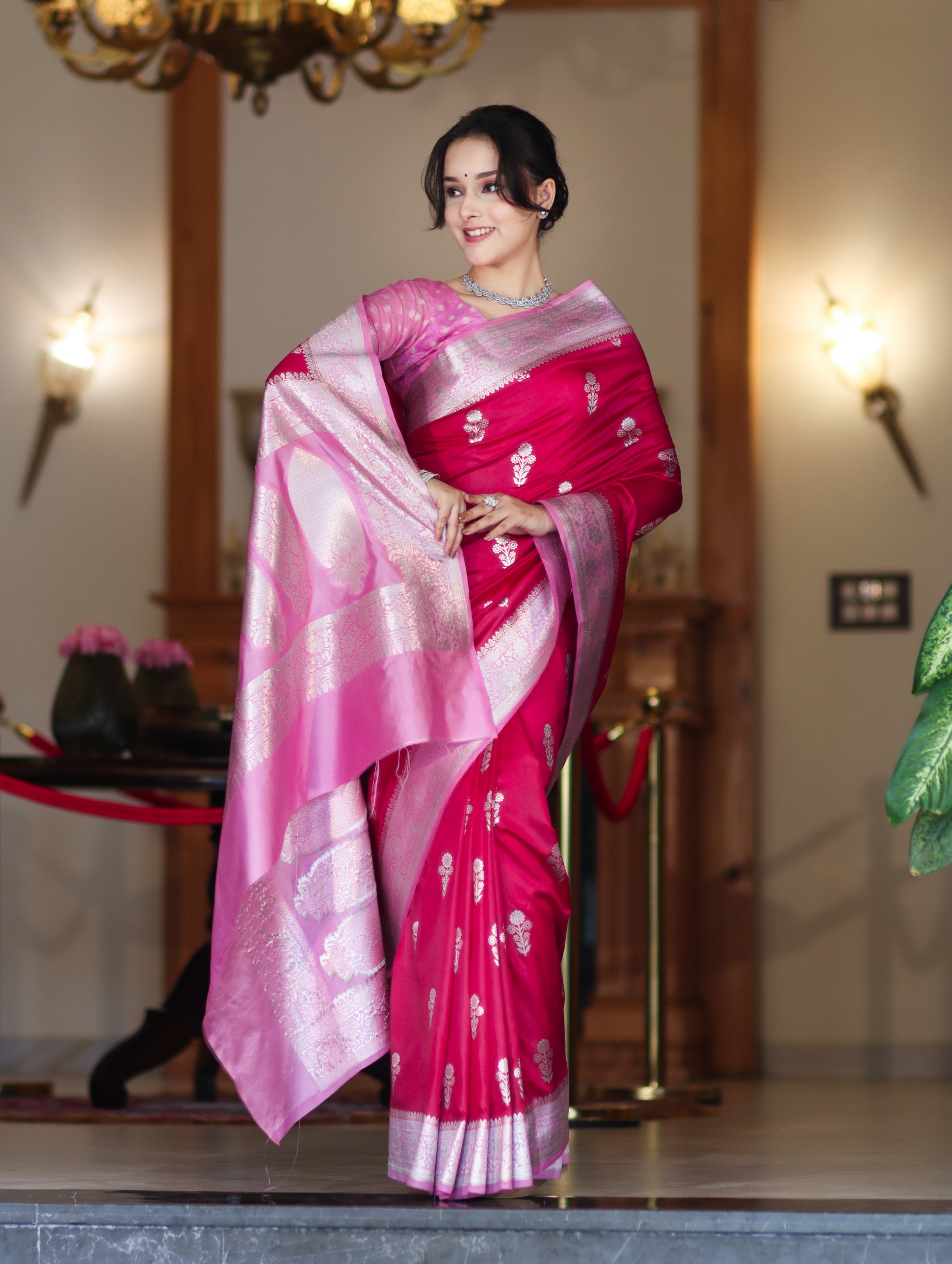 Banarasee Handloom Soft Silk Saree With Zari Buta Work & Contrast Border-Pink