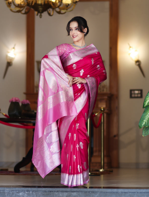 Banarasee Handloom Soft Silk Saree With Zari Buta Work & Contrast Border-Pink