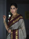 Banarasee Handloom Semi Silk Saree With Checks Design & Contrast Border-Grey & Burgundy