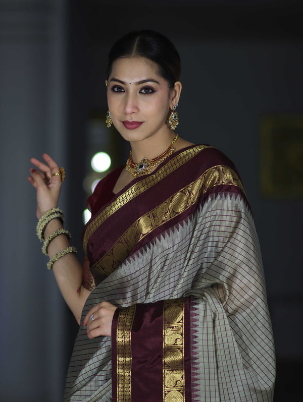 Banarasee Handloom Semi Silk Saree With Checks Design & Contrast Border-Grey & Burgundy