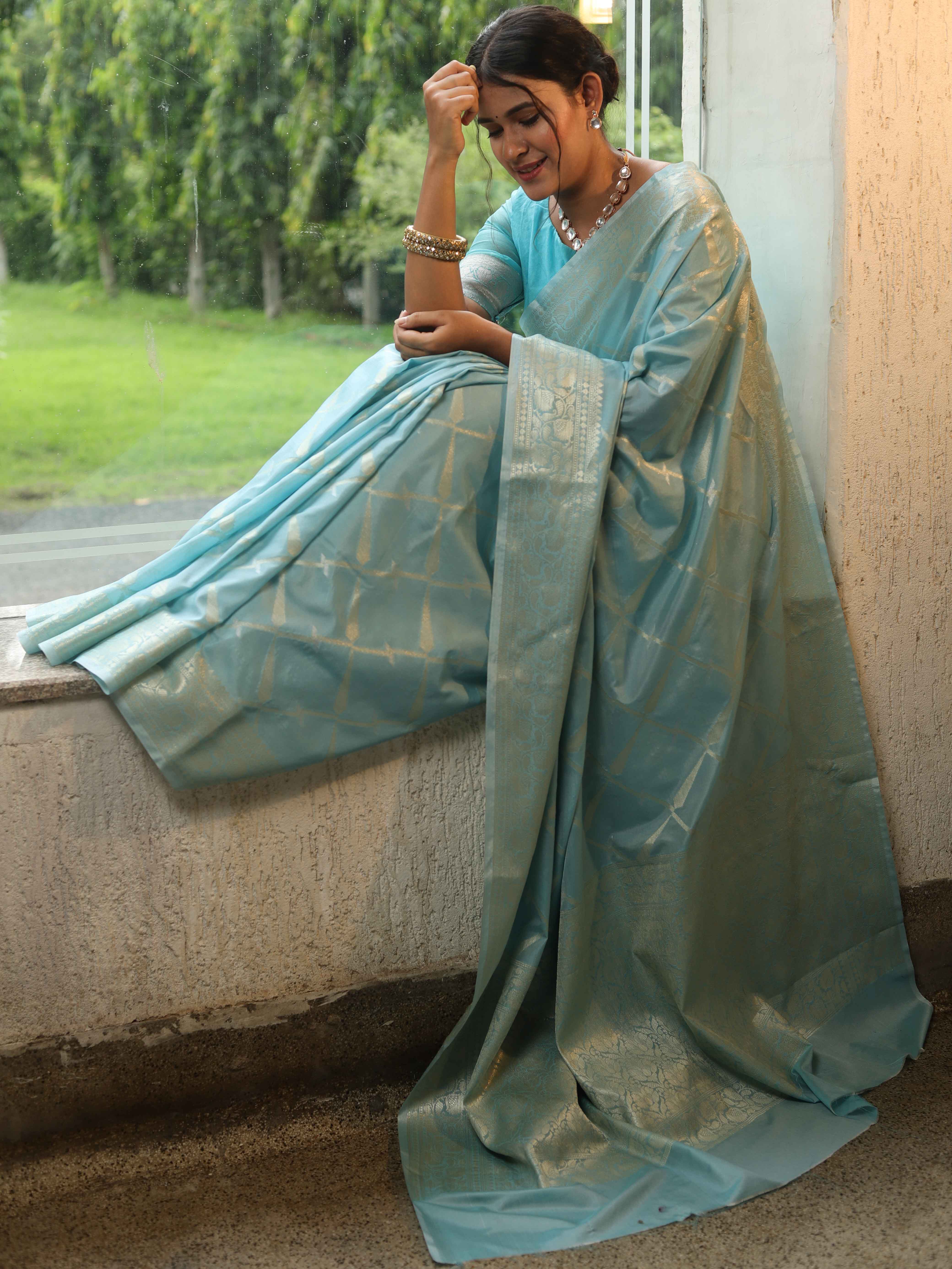 Banarasee Handwoven Semi Silk Saree With Silver Zari Jaal Design-Light Blue