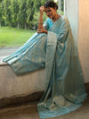 Banarasee Handwoven Semi Silk Saree With Silver Zari Jaal Design-Light Blue