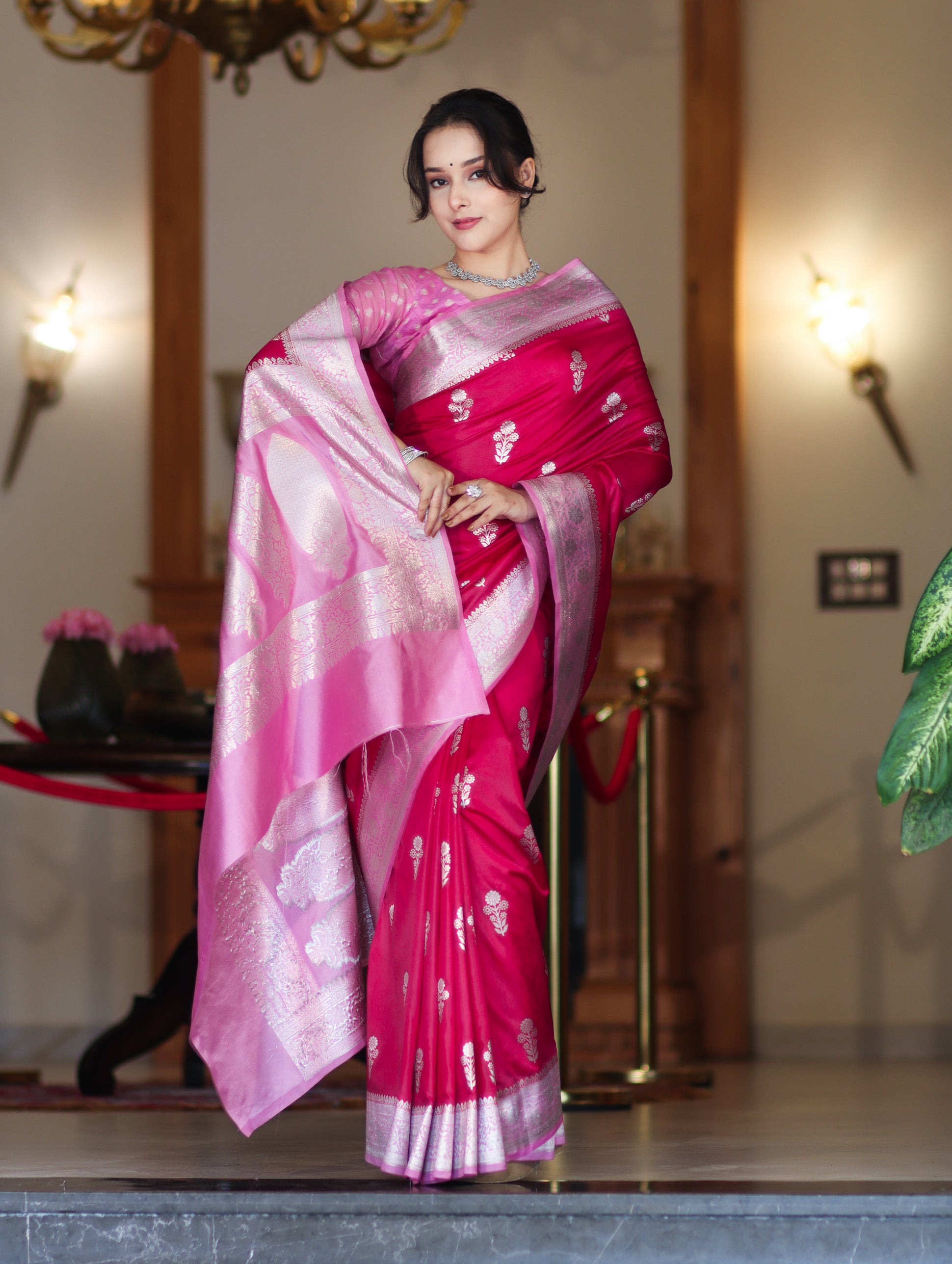 Banarasee Handloom Soft Silk Saree With Zari Buta Work & Contrast Border-Pink