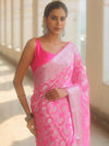 Banarasee Pure Chiffon Saree With Silver Zari Work-Neon Pink