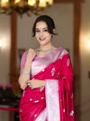 Banarasee Handloom Soft Silk Saree With Zari Buta Work & Contrast Border-Pink