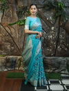 Banarasee Handloom Georgette Saree With Silver Zari Work & Border-Turquoise Blue