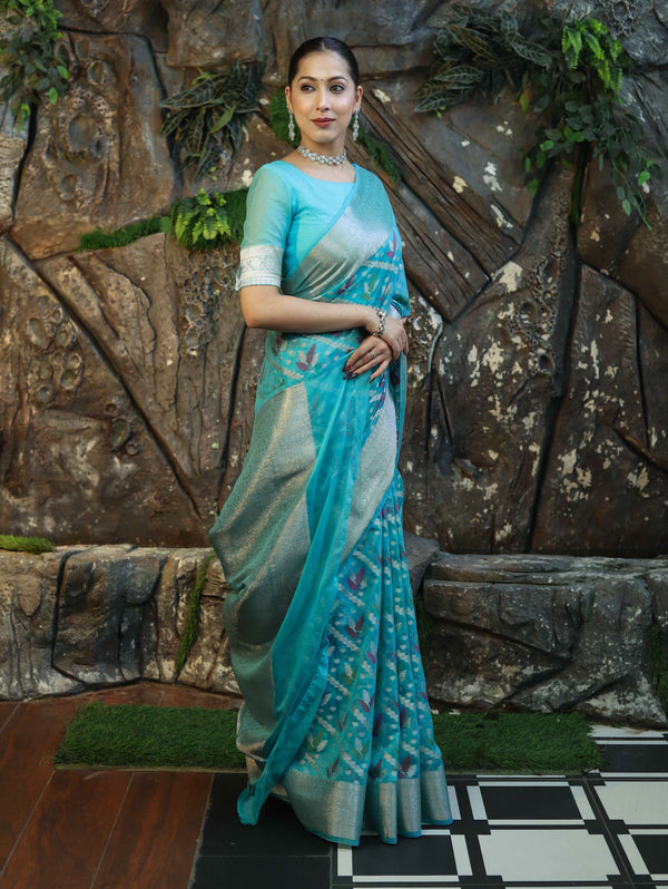 Banarasee Handloom Georgette Saree With Silver Zari Work & Border-Turquoise Blue
