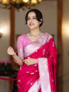 Banarasee Handloom Soft Silk Saree With Zari Buta Work & Contrast Border-Pink