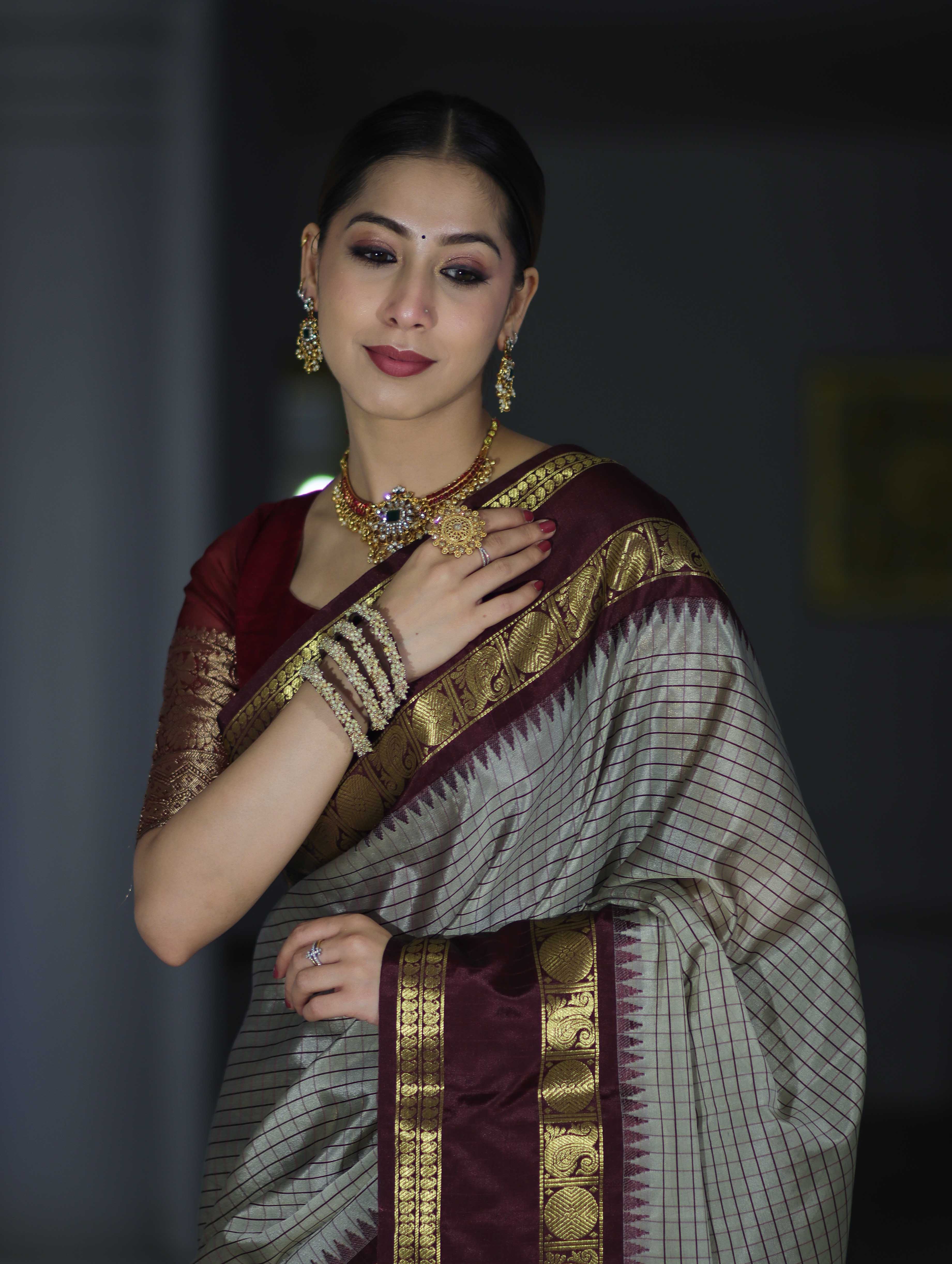 Banarasee Handloom Semi Silk Saree With Checks Design & Contrast Border-Grey & Burgundy