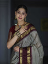 Banarasee Handloom Semi Silk Saree With Checks Design & Contrast Border-Grey & Burgundy