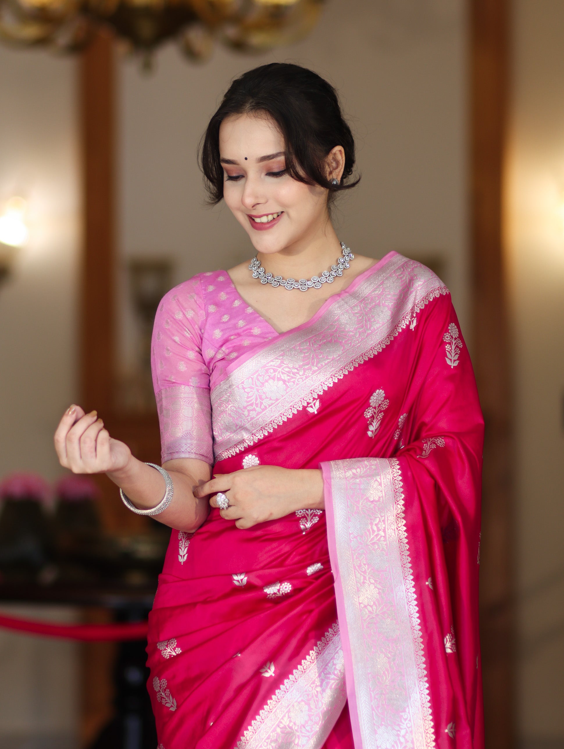 Banarasee Handloom Soft Silk Saree With Zari Buta Work & Contrast Border-Pink