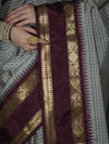 Banarasee Handloom Semi Silk Saree With Checks Design & Contrast Border-Grey & Burgundy