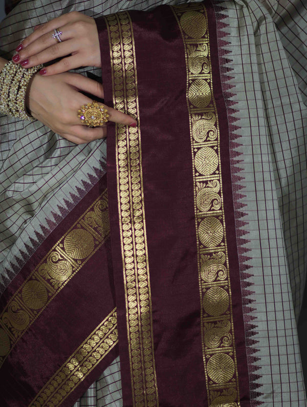 Banarasee Handloom Semi Silk Saree With Checks Design & Contrast Border-Grey & Burgundy