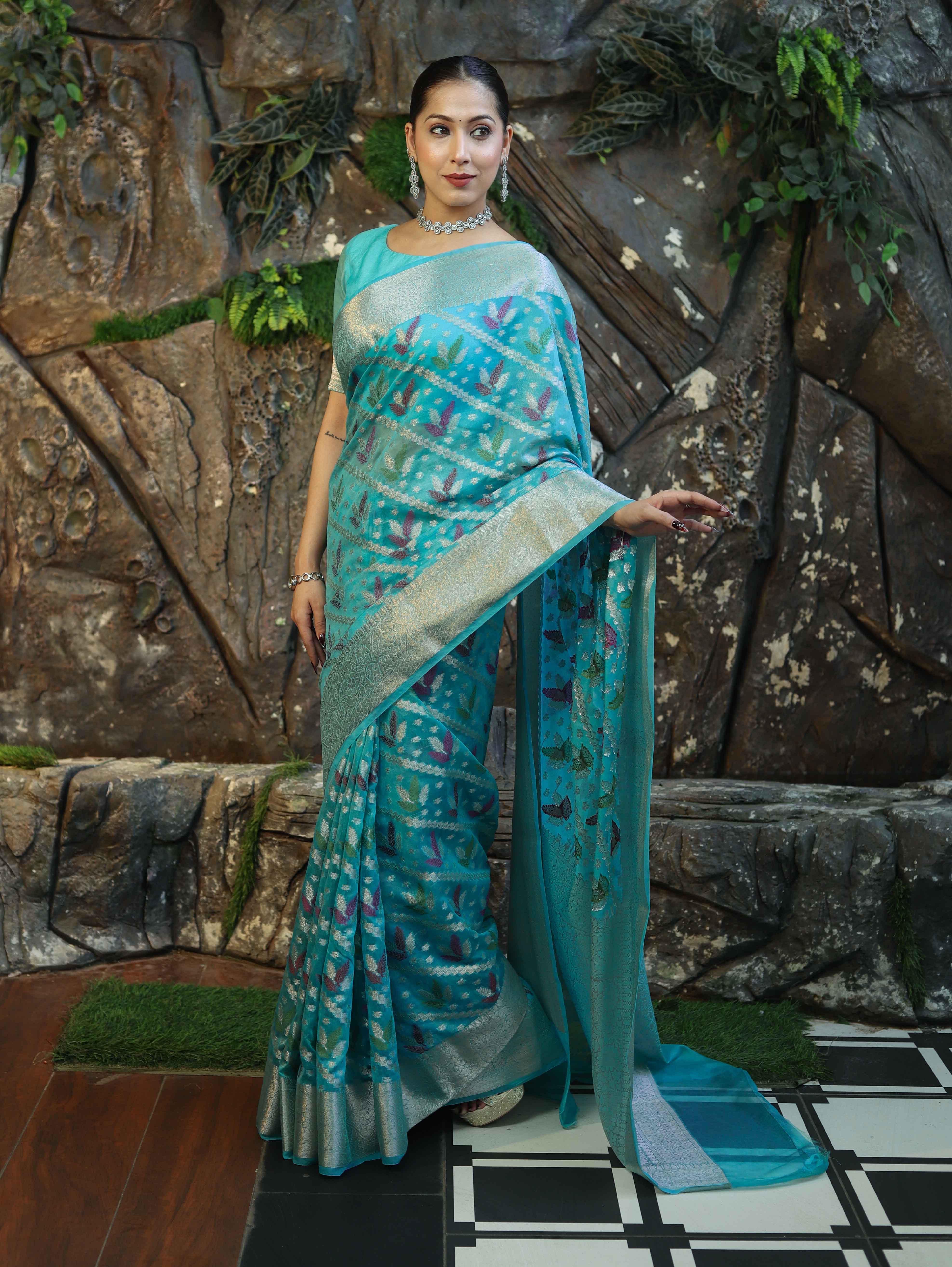 Banarasee Handloom Georgette Saree With Silver Zari Work & Border-Turquoise Blue