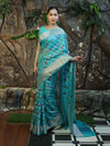 Banarasee Handloom Georgette Saree With Silver Zari Work & Border-Turquoise Blue
