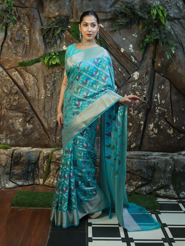 Banarasee Handloom Georgette Saree With Silver Zari Work & Border-Turquoise Blue