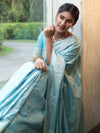 Banarasee Handwoven Semi Silk Saree With Silver Zari Jaal Design-Light Blue