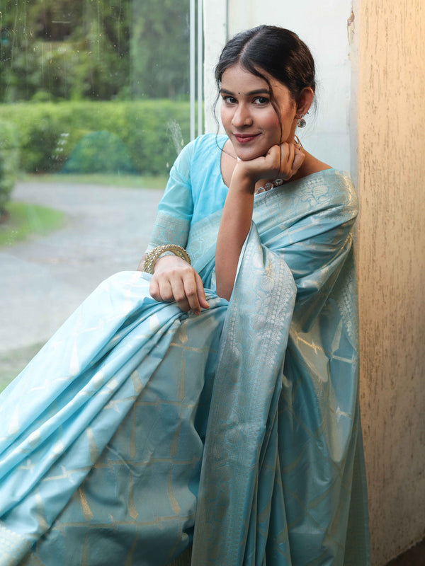 Banarasee Handwoven Semi Silk Saree With Silver Zari Jaal Design-Light Blue