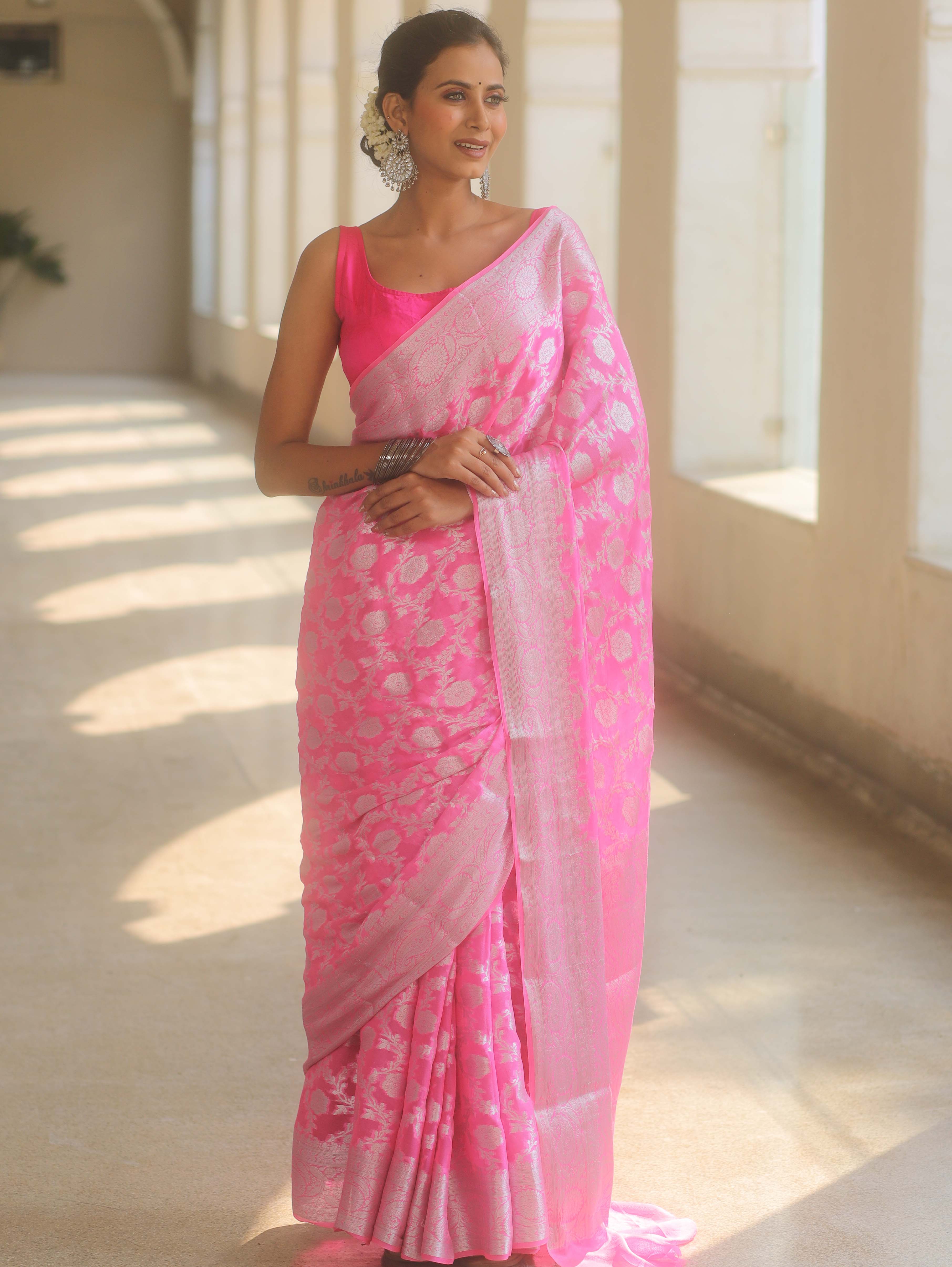 Banarasee Pure Chiffon Saree With Silver Zari Work-Neon Pink