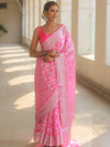 Banarasee Pure Chiffon Saree With Silver Zari Work-Neon Pink