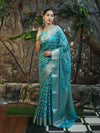 Banarasee Handloom Georgette Saree With Silver Zari Work & Border-Turquoise Blue