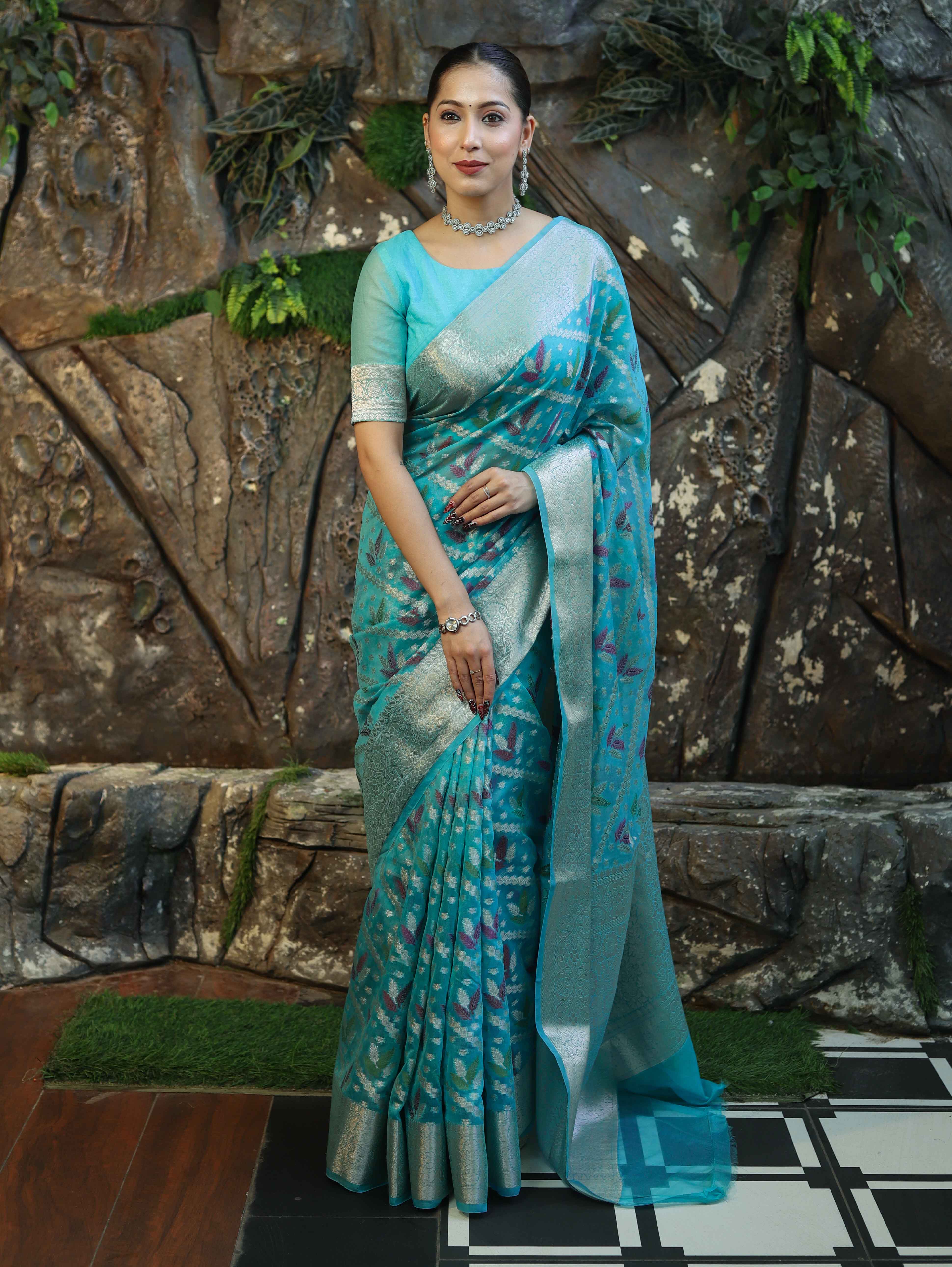 Banarasee Handloom Georgette Saree With Silver Zari Work & Border-Turquoise Blue