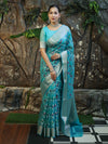 Banarasee Handloom Georgette Saree With Silver Zari Work & Border-Turquoise Blue