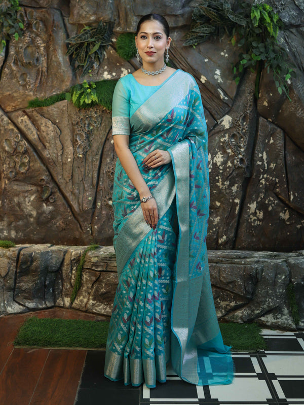 Banarasee Handloom Georgette Saree With Silver Zari Work & Border-Turquoise Blue
