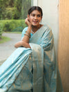 Banarasee Handwoven Semi Silk Saree With Silver Zari Jaal Design-Light Blue