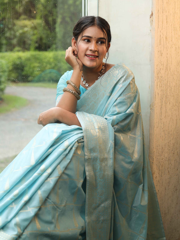 Banarasee Handwoven Semi Silk Saree With Silver Zari Jaal Design-Light Blue