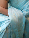 Banarasee Handwoven Semi Silk Saree With Silver Zari Jaal Design-Light Blue