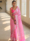 Banarasee Pure Chiffon Saree With Silver Zari Work-Neon Pink
