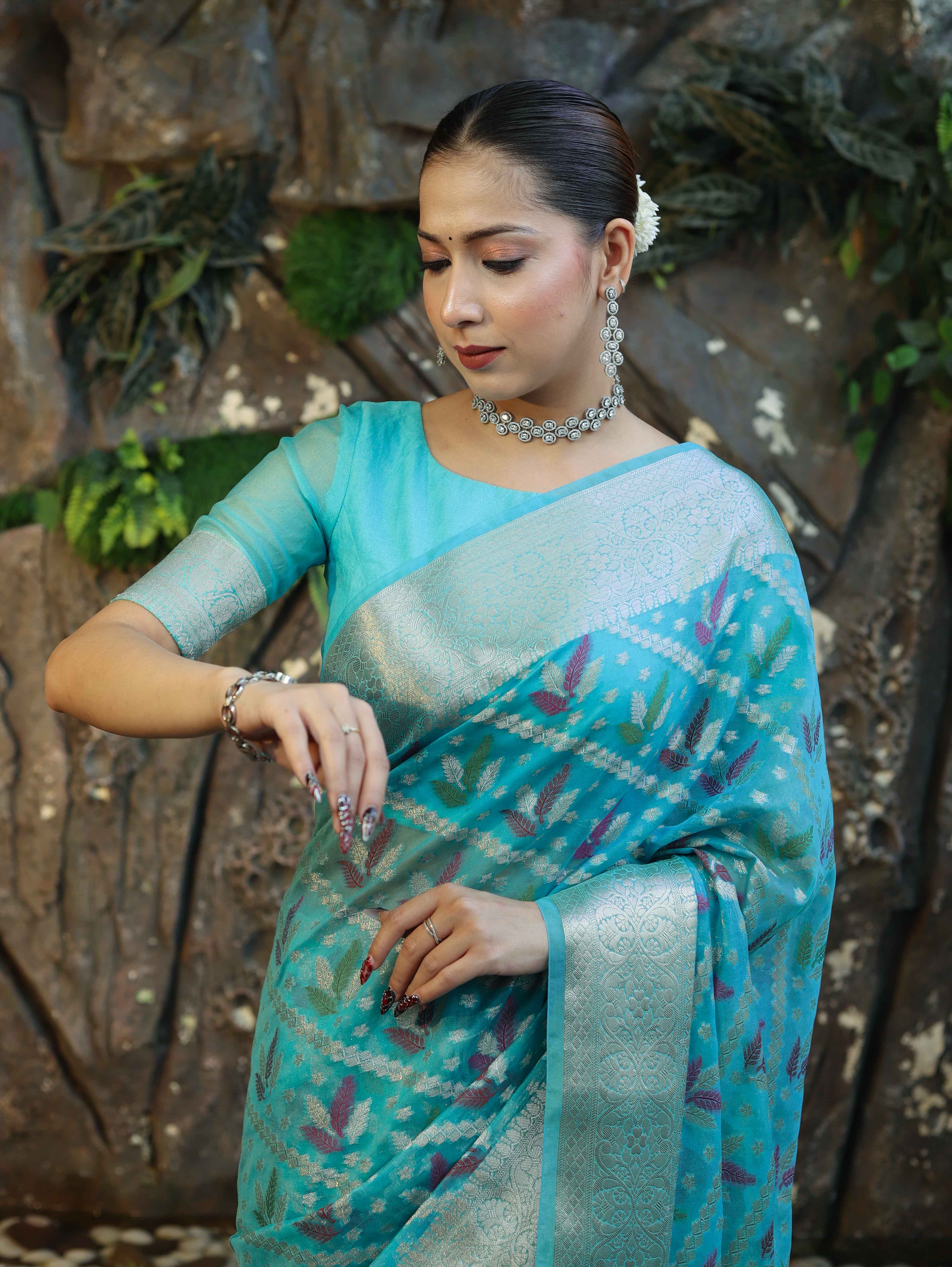 Banarasee Handloom Georgette Saree With Silver Zari Work & Border-Turquoise Blue