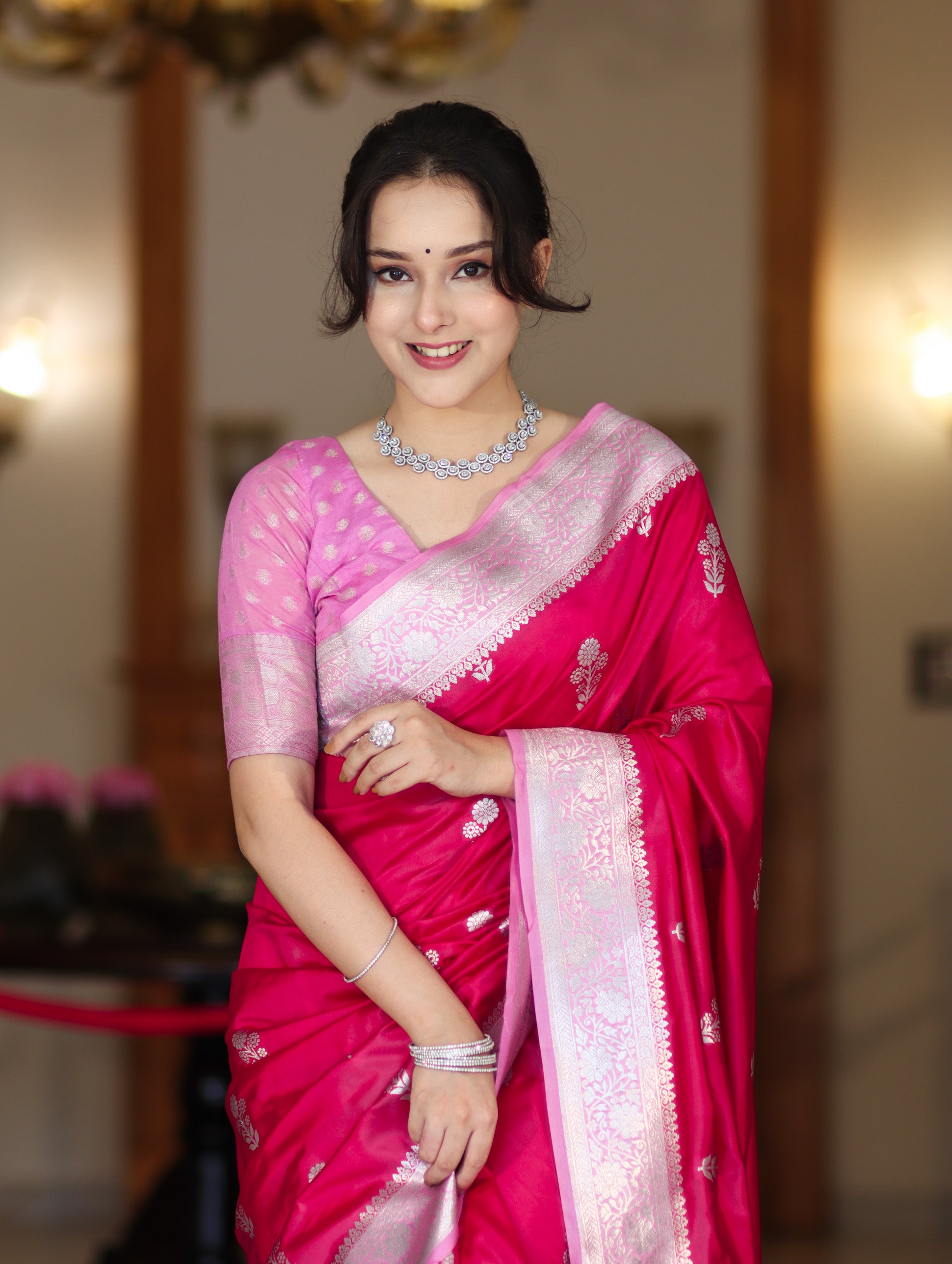 Banarasee Handloom Soft Silk Saree With Zari Buta Work & Contrast Border-Pink