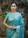 Banarasee Handloom Georgette Saree With Silver Zari Work & Border-Turquoise Blue