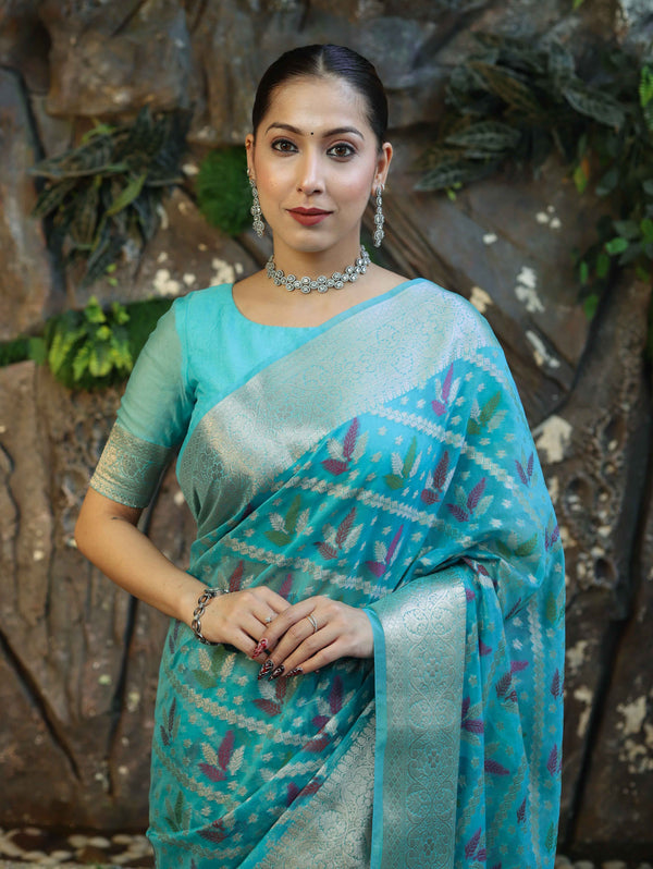Banarasee Handloom Georgette Saree With Silver Zari Work & Border-Turquoise Blue
