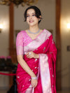 Banarasee Handloom Soft Silk Saree With Zari Buta Work & Contrast Border-Pink