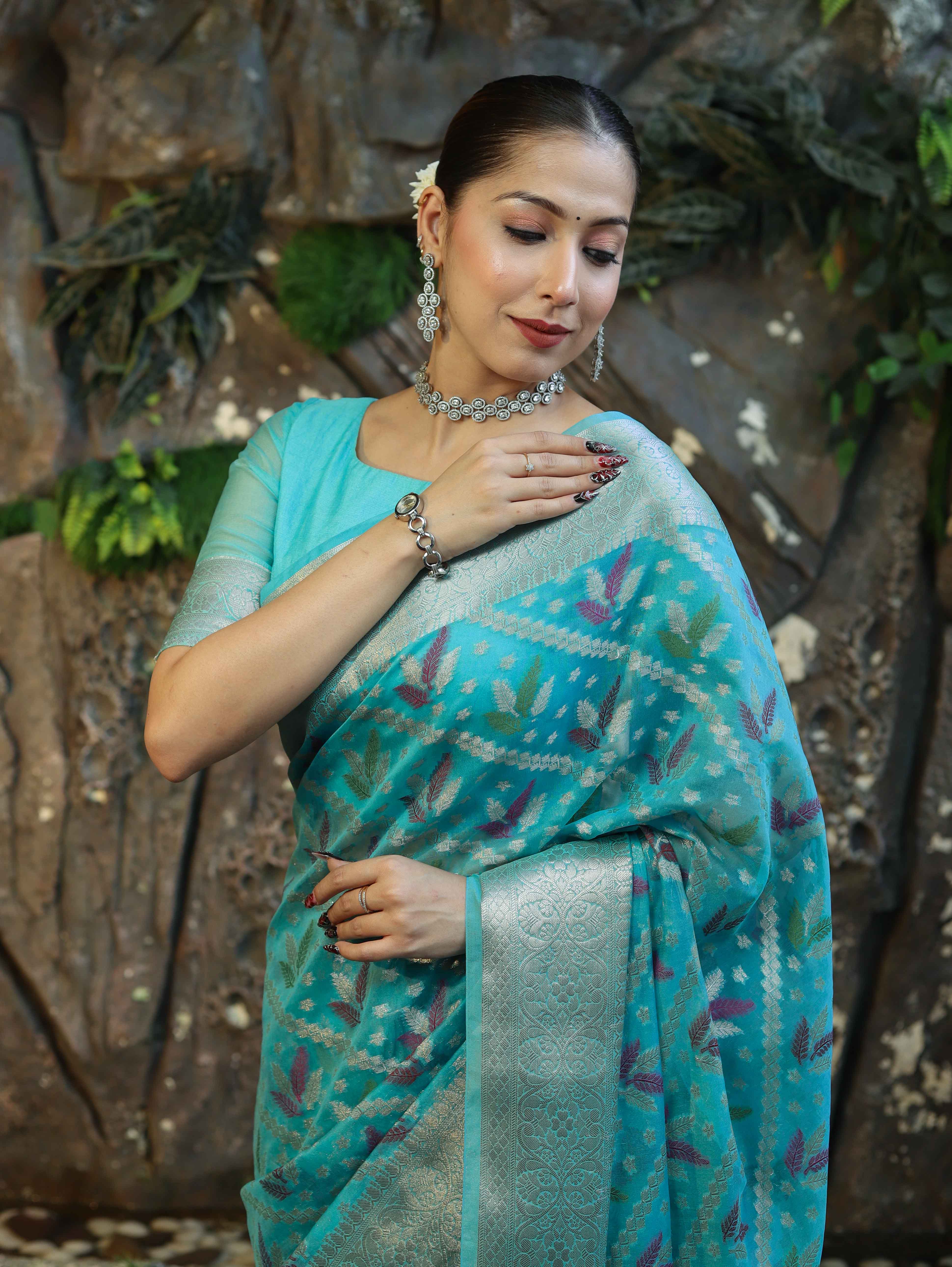 Banarasee Handloom Georgette Saree With Silver Zari Work & Border-Turquoise Blue