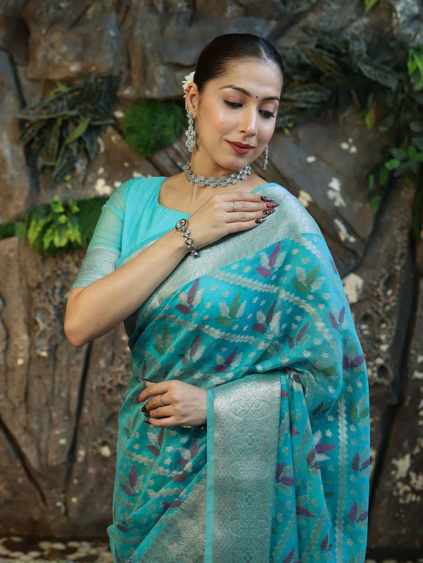 Banarasee Handloom Georgette Saree With Silver Zari Work & Border-Turquoise Blue