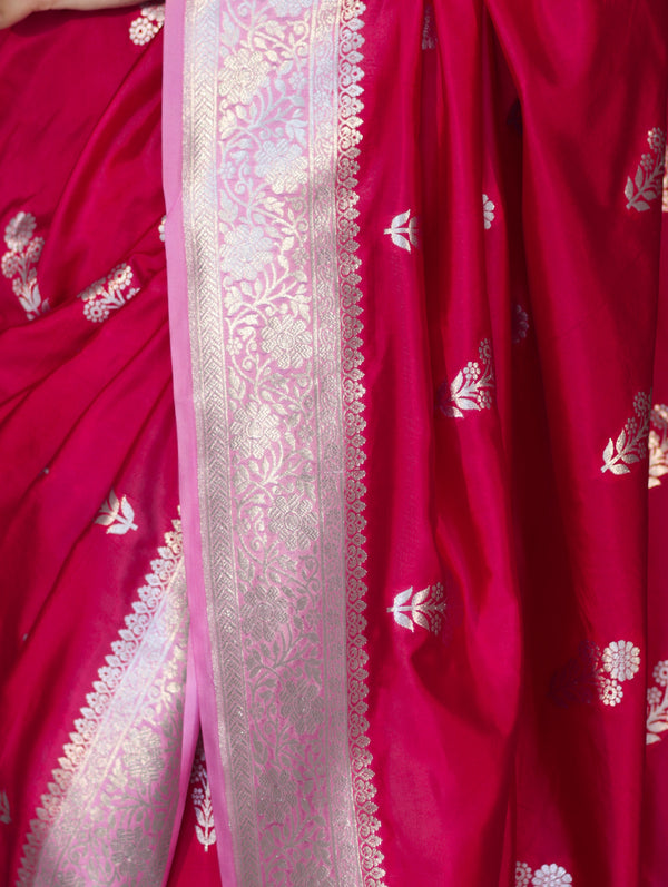 Banarasee Handloom Soft Silk Saree With Zari Buta Work & Contrast Border-Pink