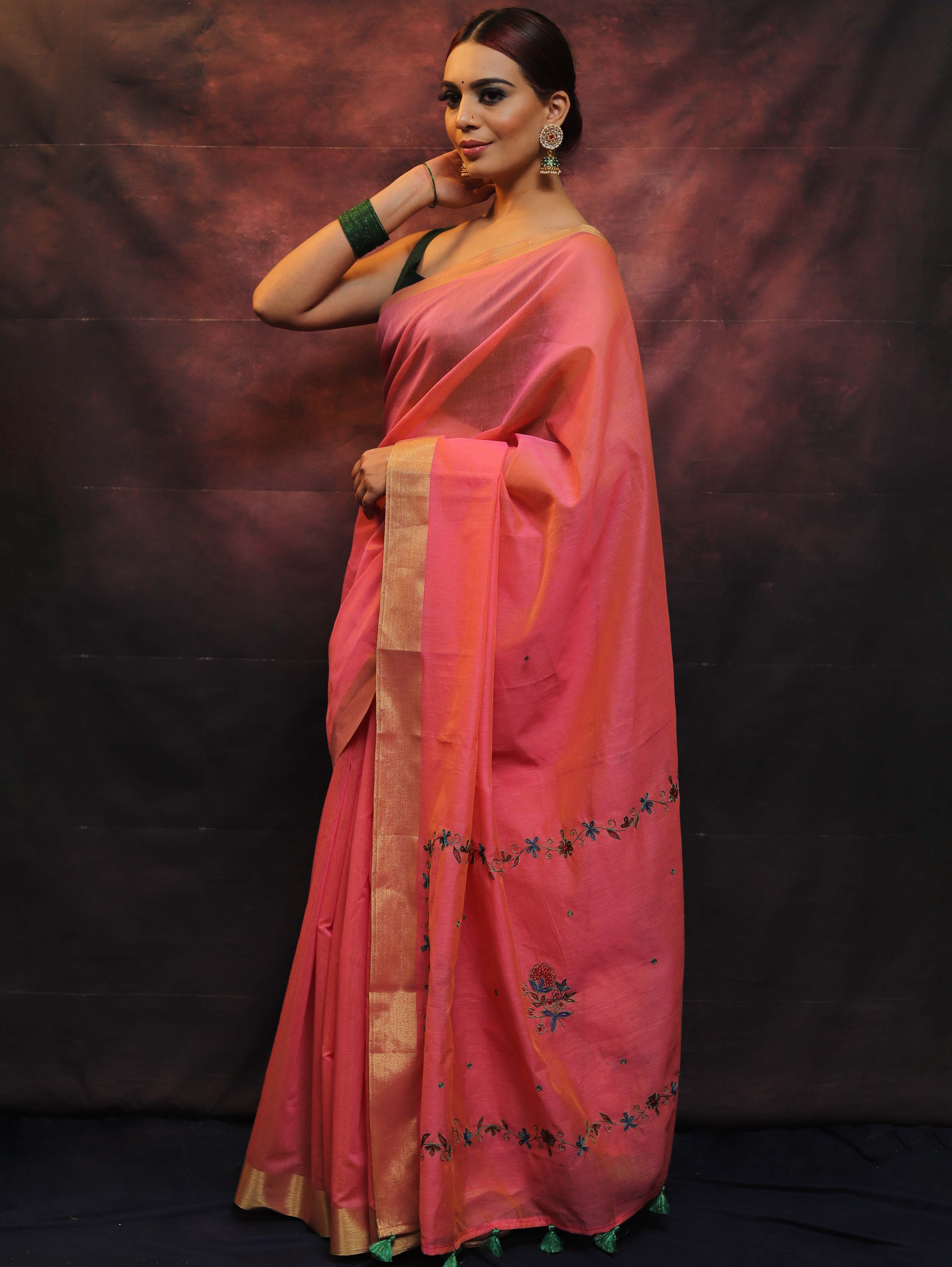 Banarasee Chanderi Cotton Hand-Embroidered Saree-Pink